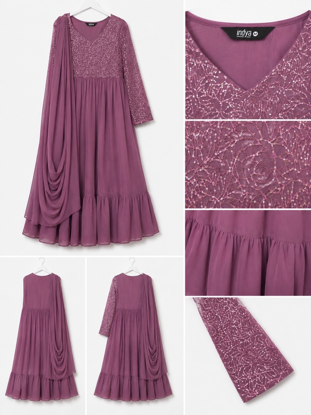Indya Women’s Mauve Maxi Dress with Embellished Bodice and Dupatta